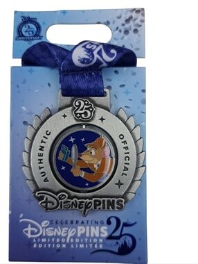 Disney Silver Medal Pin with Blue Ribbon and Orange Character